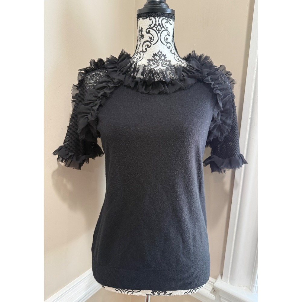 Milano Black Ruffle Trim Mesh Short Sleeve Knit Top Sz M Whimsygoth Witchy